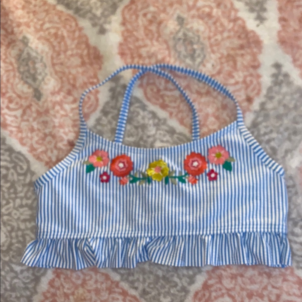 Boden Kids Striped Bikini Top with Floral Embroidery